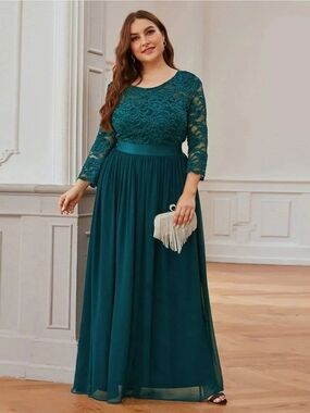 Ever Pretty Teal Lace Bodice Long Sleeve Evening Gown